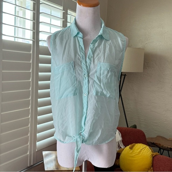 Garage Turquoise Button Down Shirt with Tie Front - Picture 1 of 5
